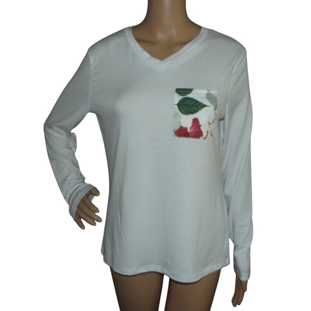 Pajama Top Womens Size Small white v-neck long sleeve floral pocket soft cotton